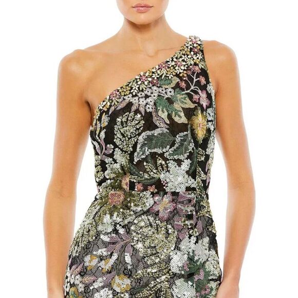 Mac Duggal 49574 Size 8 Floral Black Green Pink One Shoulder Gown Maxi‎ Dress - Picture 10 of 10